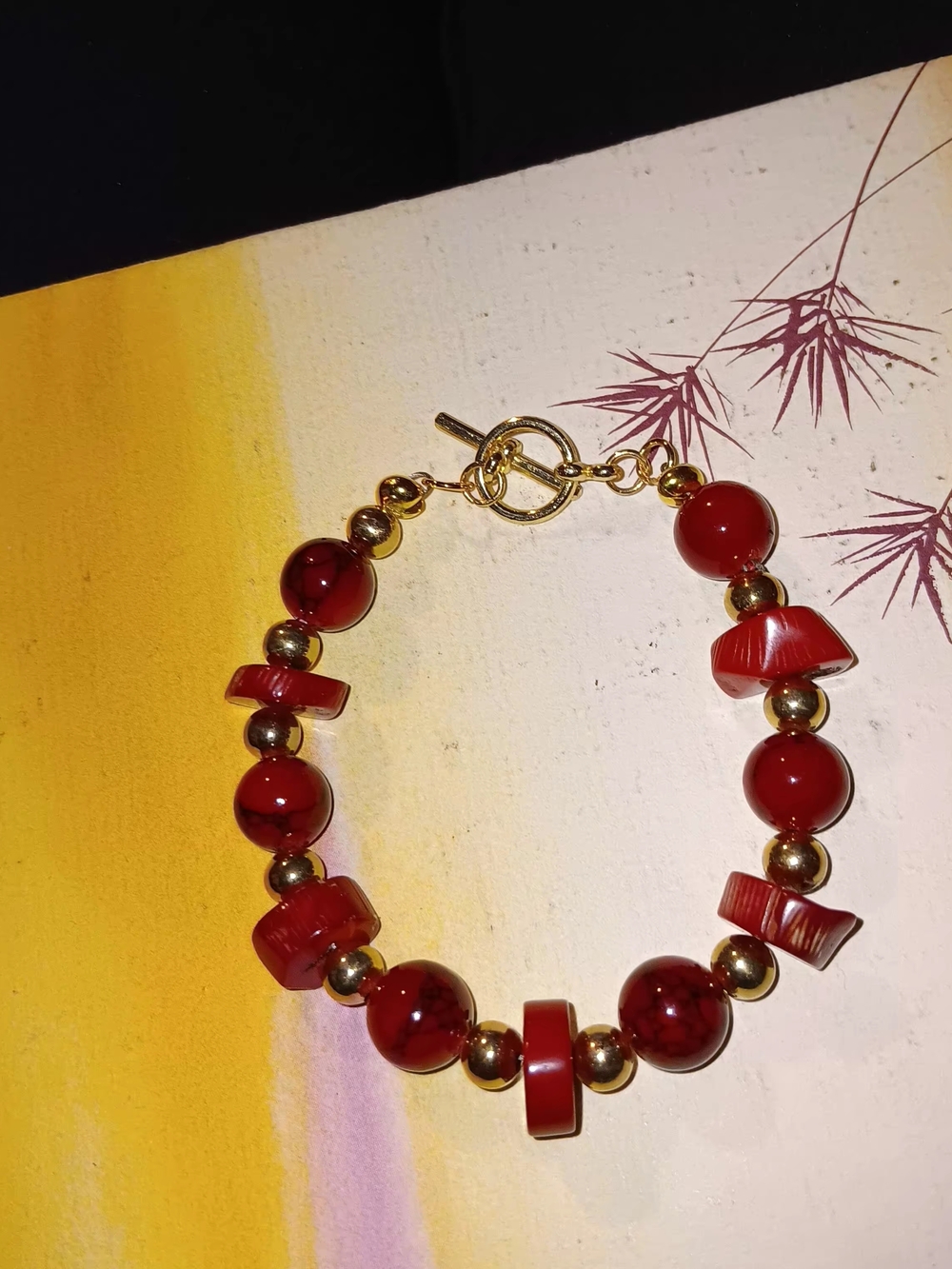 Gold and Red Dyed Coral Beaded Bracelet - Women Jewelry